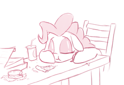 Size: 609x419 | Tagged: safe, artist:shoutingisfun, pinkie pie, earth pony, pony, burger, chair, drink, eyes closed, food, hay burger, monochrome, pizza, simple background, sitting, sleeping, sleepy, solo, table, tired, white background