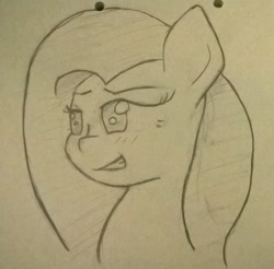 Size: 707x695 | Tagged: safe, artist:flutteriot, fluttershy, pegasus, pony, monochrome, pencil, smiling, solo, traditional art