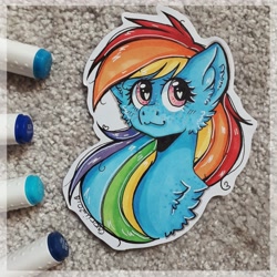 Size: 3096x3096 | Tagged: safe, artist:ovorii, derpibooru import, rainbow dash, pegasus, pony, :3, bust, chest fluff, ear fluff, looking at you, photo, portrait, solo, traditional art