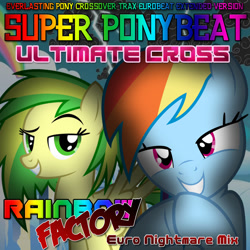 Size: 1200x1200 | Tagged: safe, derpibooru import, rainbow dash, oc, oc:wooden toaster, pegasus, pony, fanfic:rainbow factory, cloudsdale, cover art, creepypasta, rainbow factory song, remix, super ponybeat, super ponybeat ultimate cross, ultimate cross