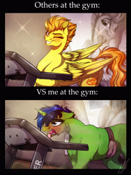 Size: 3000x4000 | Tagged: safe, artist:lupiarts, derpibooru import, spitfire, oc, oc:lupi, oc:lupiarts, pony, digital art, exhausted, funny, gym, looking at you, meme, one eye closed, running, sexy, smiling, sports, stupid sexy spitfire, sweat, sweatdrop, tongue out, training, treadmill, trotting, wink