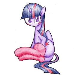 Size: 800x800 | Tagged: safe, artist:unousaya, derpibooru import, twilight sparkle, twilight sparkle (alicorn), alicorn, pony, clothes, female, mare, plot, simple background, socks, solo, traditional art