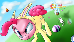 Size: 1920x1080 | Tagged: safe, artist:victoreach, angel bunny, fluttershy, pinkie pie, earth pony, pegasus, pony, easter, wallpaper