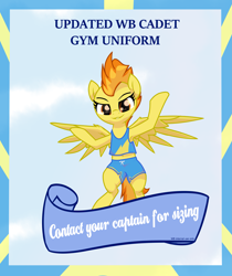 Size: 3447x4096 | Tagged: safe, artist:wenni, derpibooru import, spitfire, pegasus, pony, armpits, belly button, clothes, female, flying, gym uniform, looking at you, mare, midriff, poster, shorts, sky, smug, solo, sports shorts, tanktop, wonderbolts