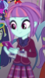 Size: 343x586 | Tagged: safe, screencap, blueberry cake, sci-twi, starlight, sunny flare, sunset shimmer, twilight sparkle, equestria girls, cellphone, clothes, cropped, crystal prep academy uniform, out of focus, phone, school uniform, skirt, smartphone, solo focus, sunny flare's wrist devices