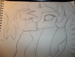 Size: 4288x3216 | Tagged: safe, artist:castlemaid, princess celestia, oc, oc:frost streak, alicorn, pony, all new levels of tia neck, canon x oc, impossibly long neck, kissing, long neck, spread wings, surprise kiss, traditional art, wingboner, wings