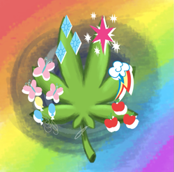 Size: 843x834 | Tagged: safe, artist:kaywhitt, derpibooru import, applejack, fluttershy, pinkie pie, rainbow dash, rarity, twilight sparkle, 4/20 ponies, cutie mark, drugs, icon, mane six, marijuana, marijuana leaf, no pony, tumblr:ask the stoner ponies