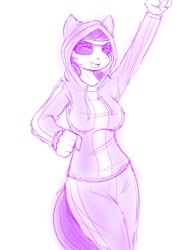 Size: 538x689 | Tagged: safe, artist:drbdnv, octavia melody, anthro, breasts, clothes, female, happy, hoodie, monochrome, orbtavia, sketch, solo, sunglasses