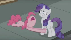 Size: 1016x572 | Tagged: safe, screencap, pinkie pie, rarity, pony, unicorn, the gift of the maud pie, awkward moment, begging, female, floppy ears, holding hooves, manehattan, mare, nose in the air, plot, uvula, volumetric mouth