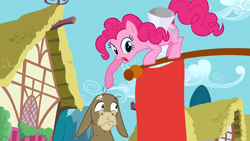 Size: 1280x720 | Tagged: safe, screencap, cranky doodle donkey, pinkie pie, donkey, earth pony, pony, bald, flag, humiliation, megaphone, open mouth, pointing, ponyville, talking, this donkey is really really bald, tongue out