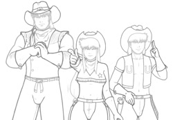 Size: 1043x723 | Tagged: safe, artist:redhotkick, applejack, big macintosh, braeburn, human, belly button, humanized, midriff, monochrome, wild west c.o.w.-boys of moo mesa