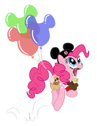 Size: 1600x2066 | Tagged: safe, artist:lostinthetrees, pinkie pie, earth pony, pony, balloon, chocolate, crossover, disney, disneyland, female, food, hat, mare, messy, mickey balloon, mickey hat, pronking, solo, starry eyes, sugar rush, wingding eyes