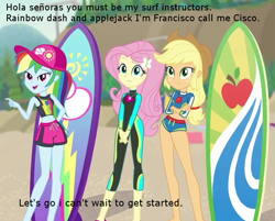 Size: 896x720 | Tagged: safe, derpibooru import, edit, edited screencap, screencap, applejack, fluttershy, rainbow dash, better together, blue crushed, equestria girls, cropped, geode of fauna, geode of super speed, geode of super strength, magical geodes, offscreen character, pov, surfboard, text, text edit, wetsuit