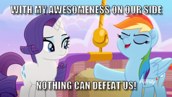 Size: 800x450 | Tagged: safe, derpibooru import, screencap, rainbow dash, rarity, pegasus, pony, unicorn, rainbow roadtrip, caption, ego, image macro, meme, text