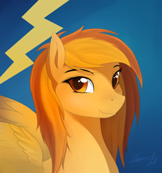 Size: 1500x1596 | Tagged: safe, artist:sierraex, derpibooru import, spitfire, pony, blue background, loose hair, simple background, solo