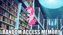 Size: 1278x720 | Tagged: safe, edit, edited screencap, screencap, pinkie pie, earth pony, pony, the crystal empire, book, image macro, library, meme, random access memory, solo