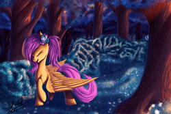 Size: 3000x2000 | Tagged: safe, artist:xskytheartist, fluttershy, pegasus, pony, alternate hairstyle, crepuscular rays, eyes closed, forest, headphones, ponytail, singing, solo, spread wings