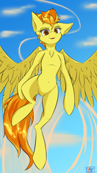 Size: 2160x3840 | Tagged: safe, artist:coldtrail, derpibooru import, spitfire, pegasus, pony, semi-anthro, female, flying, looking at you, mare, newbie artist training grounds, solo, spread wings, wings, wonderbolts