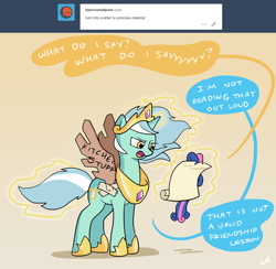 Size: 2100x2050 | Tagged: safe, artist:docwario, bon bon, lyra heartstrings, princess celestia, sweetie drops, alicorn, pony, unicorn, ask, askblankbon, cardboard wings, clothes, costume, dialogue, fake wings, female, friendship report, inanimate tf, jewelry, lesbian, lyra is not amused, lyrabon, magic, regalia, shipping, simple background, speech bubble, telekinesis, transformation, tumblr, yellow background