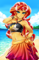 Size: 800x1237 | Tagged: safe, artist:racoonsan, color edit, edit, editor:drakeyc, sunset shimmer, better together, equestria girls, forgotten friendship, adorasexy, armpits, beach, beach babe, beautiful, beautisexy, belly button, bikini, bikini babe, black swimsuit, bracelet, breasts, clothes, cloud, colored, cute, cutie mark swimsuit, female, geode of empathy, hand on hip, jeweled swimsuit, jewelry, looking at you, magical geodes, midriff, necklace, praise the sunset, sand, sarong, sexy, shimmerbetes, skin color edit, sky, sleeveless, smiling, solo, stupid sexy sunset shimmer, summer sunset, sunset jiggler, sunset selfie, swimsuit, water