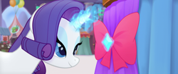 Size: 1920x804 | Tagged: safe, screencap, rarity, pony, unicorn, my little pony: the movie, bow, gem, glowing horn, lidded eyes, magic, magic aura, ribbon