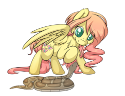 Size: 2956x2279 | Tagged: safe, artist:fluffyxai, fluttershy, oc, oc:cookie coils, pegasus, pony, snake, chest fluff, header, raised leg, simple background, solo, transparent background