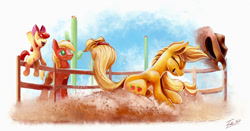 Size: 1500x786 | Tagged: safe, artist:tsitra360, apple bloom, applejack, big macintosh, earth pony, pony, apple siblings, cactus, cheering, dust, eyes closed, female, fence, filly, gritted teeth, male, mare, rodeo, saguaro cactus, siblings, stallion