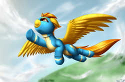 Size: 3500x2300 | Tagged: safe, artist:shido-tara, derpibooru import, spitfire, pegasus, pony, captain, clothes, commission, female, flying, high res, mare, underhoof, uniform, wonderbolts uniform