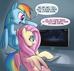 Size: 974x936 | Tagged: safe, artist:dotkwa, derpibooru import, fluttershy, rainbow dash, pegasus, pony, computer, dialogue, duo, gamershy, noita, scared, video game