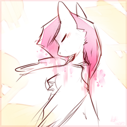 Size: 698x702 | Tagged: safe, artist:suplolnope, fluttershy, pegasus, pony, bust, colored sketch, eyes closed, head turn, looking away, monochrome, neo noir, partial color, portrait, rear view, sketch, solo