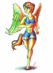 Size: 2550x3506 | Tagged: safe, artist:lupiarts, derpibooru import, spitfire, anthro, pegasus, unguligrade anthro, abs, clothes, female, jogging, sexy, smiling, smirk, solo, sports bra, sporty style, stupid sexy spitfire, uniform, wings, wonderbolt trainee uniform