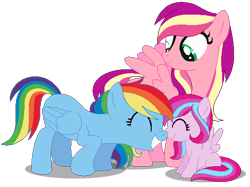 Size: 529x396 | Tagged: safe, artist:awoomarblesoda, derpibooru import, rainbow dash, skywishes, oc, oc:misty meadow, pegasus, pony, g3, base used, boop, female, filly, g3 to g4, generation leap, lesbian, magical lesbian spawn, missing cutie mark, nose wrinkle, noseboop, offspring, parent:rainbow dash, parent:skywishes, shipping, simple background, transparent background