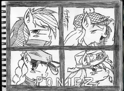 Size: 960x706 | Tagged: safe, artist:petanoprime, derpibooru import, applejack, fluttershy, pinkie pie, rainbow dash, earth pony, pegasus, pony, album cover, bust, clothes, demon days, female, freckles, gorillaz, hat, mare, monochrome, notepad, open mouth, parody, signature, straw in mouth, text, traditional art