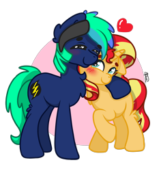 Size: 3200x3390 | Tagged: safe, artist:minty joy, sunset shimmer, oc, earth pony, pony, unicorn, hug, love, shipping, simple background, transparent background