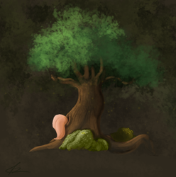 Size: 1404x1417 | Tagged: safe, artist:angry-cat, fluttershy, pegasus, pony, fluttertree, hiding, solo, tail, tree