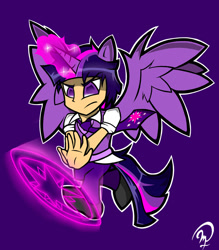 Size: 900x1029 | Tagged: safe, artist:makidotsukashi, derpibooru import, dusk shine, twilight sparkle, twilight sparkle (alicorn), alicorn, human, chibi, eared humanization, humanized, magic, magic circle, rule 63, solo, tailed humanization, winged humanization