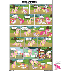 Size: 1871x2144 | Tagged: safe, artist:j-bronyind, apple bloom, fluttershy, pinkie pie, scootaloo, sweetie belle, earth pony, pegasus, pony, chicken coop, comic, cutie mark crusaders, fourth wall, hide and seek, scootachicken