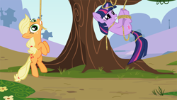 Size: 1280x720 | Tagged: safe, artist:breadking, artist:cloudshadezer0, artist:kwark85, artist:stinkehund, applejack, twilight sparkle, earth pony, pony, hang in there, rope, tied up, vector