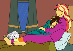 Size: 1200x833 | Tagged: safe, artist:linedraweer, sunset shimmer, oc, oc:elvis, equestria girls, barefoot, bed, brother and sister, commission, cuddling, eyes closed, feet, female, hug, male, plushie, siblings, snuggling, window