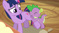 Size: 1280x720 | Tagged: safe, derpibooru import, screencap, spike, twilight sparkle, unicorn twilight, dragon, pony, unicorn, spike at your service, affection, cropped, cute, duo, eyes closed, female, hug, leg hug, male, mare, palindrome get