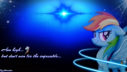 Size: 1920x1080 | Tagged: safe, artist:z3bradan, derpibooru import, rainbow dash, pegasus, pony, my little pony: the movie, blue background, cutie mark, dark, female, inspiration, lens flare, neon, quote, simple background, smiling, solo, stars, wallpaper