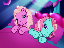 Size: 640x480 | Tagged: safe, color edit, edit, edited screencap, editor:ah96, screencap, minty, pinkie pie, pinkie pie (g3), earth pony, pony, a very pony place, g3, two for the sky, bed, bedroom eyes, colored, recolor