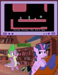 Size: 789x1012 | Tagged: safe, artist:hakar-kerarmor, derpibooru import, spike, twilight sparkle, twilight sparkle (alicorn), alicorn, dragon, pony, computer, exploitable meme, female, fries of anguish, mare, meme, obligatory pony, scrunchy face, tv meme, video game, vvvvvv