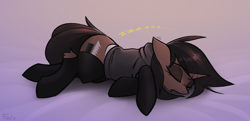 Size: 2832x1369 | Tagged: safe, artist:fenixdust, oc, oc:ivy, pony, unicorn, clothes, female, hockless socks, hoodie, mare, onomatopoeia, sleeping, socks, sound effects, thigh highs, zzz