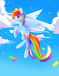 Size: 1600x2037 | Tagged: safe, artist:kitsukithefox, derpibooru import, rainbow dash, pegasus, pony, cloud, confetti, flying, gradient background, looking at you, raised hoof, sky, solo