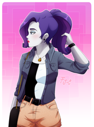 Size: 600x809 | Tagged: safe, artist:fj-c, rarity, equestria girls, alternate hairstyle, clothes, female, jacket, lipstick, shirt, shorts, solo