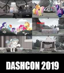 Size: 500x564 | Tagged: safe, derpibooru import, edit, edited screencap, screencap, applejack, fluttershy, petunia petals, pinkie pie, rainbow dash, rarity, sunny skies, twilight sparkle, twilight sparkle (alicorn), alicorn, butterfly, earth pony, pegasus, pony, unicorn, rainbow roadtrip, animal costume, bush, costume, dashcon, desaturated, fake, fish costume, hope hollow, hotel room, karaoke, kiddie pool, meme, mud, mud bath, rainbow trout, rainbow trout (character), reference, rubber duck, text edit