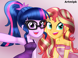 Size: 2048x1536 | Tagged: safe, artist:artmlpk, sci-twi, sunset shimmer, twilight sparkle, equestria girls, adorable face, adorkable, beautiful, clothes, cute, digital art, dork, dress, duo, duo female, female, friendship, looking at you, open mouth, outfit, selfie, simple background, smiley face, smiling, smiling at you