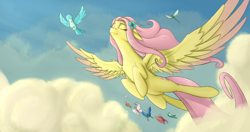 Size: 1710x900 | Tagged: safe, artist:dryayberg, fluttershy, bird, butterfly, dragonfly, pegasus, pony, colored wings, colored wingtips, eyes closed, flower, flower in hair, flying, sky, solo, spread wings