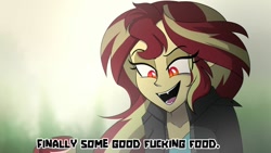 Size: 1024x576 | Tagged: safe, artist:wubcakeva, sunset shimmer, vampire, equestria girls, finally some good fucking food, meme, vulgar